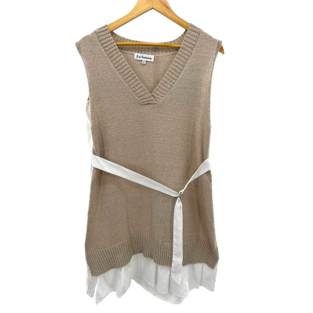 En Saison Sleeveless Knit Tunic Top M Beige Sweater Vest Shirt Hem Tie Waist